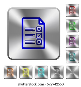 Questionnaire document engraved icons on rounded square glossy steel buttons