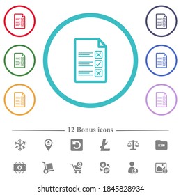 Cuestionario documentar iconos de color plano en contornos de forma circular. 12 íconos adicionales incluidos.