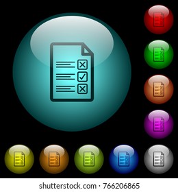 Questionnaire document icons in color illuminated spherical glass buttons on black background. Can be used to black or dark templates