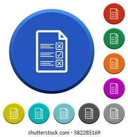 Questionnaire document round color beveled buttons with smooth surfaces and flat white icons