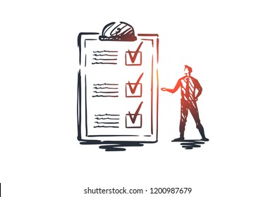 Questionnaire, form, test, checklist, survey concept. Hand drawn person and survey form concept sketch. Isolated vector illustration.