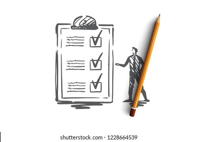 Questionnaire, form, test, checklist, survey concept. Hand drawn person and survey form concept sketch. Isolated vector illustration.