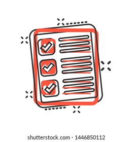 Questionnaire icon in comic style. Online survey vector cartoon illustration on white isolated background. Checklist report splash effect business concept.