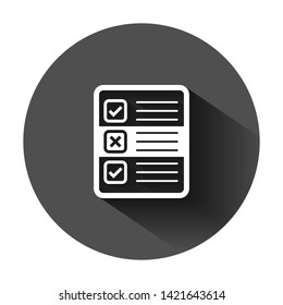 Questionnaire icon in flat style. Online survey vector illustration on black round background with long shadow. Checklist report business concept.