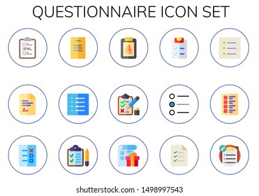 questionnaire icon set. 15 flat questionnaire icons.  Collection Of - test, exam, list, clipboard, checklist, check list