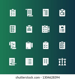 questionnaire icon set. Collection of 16 filled questionnaire icons included Test, Tasks, List, Exam, Clipboard, Checklist, Check list