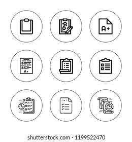 Questionnaire icon set. collection of 9 outline questionnaire icons with clipboard, checklist, exam, testing icons. editable icons.