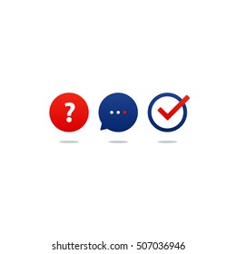 Questionnaire icon set, help desk support, tutoring and guidance. Flat design vector illustration. Round icons, poll concept
