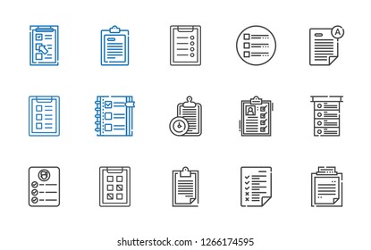 questionnaire icons set. Collection of questionnaire with clipboard, tasks, task, list, checklist, exam, test. Editable and scalable questionnaire icons.