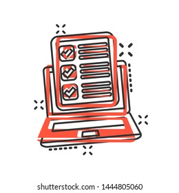Questionnaire laptop icon in comic style. Online survey vector cartoon illustration on white isolated background. Checklist report splash effect business concept.