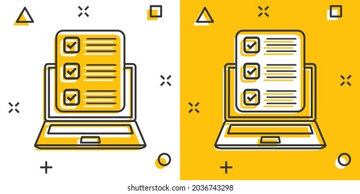 Questionnaire laptop icon in comic style. Online survey vector cartoon illustration on white isolated background. Checklist report splash effect business concept.
