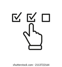 Questionnaire Line Icon. Finger Choice Check List Linear Pictogram. Hand Tick Checkmark Outline Icon. Choice Checkbox in Checklist. Digital Application. Editable Stroke. Isolated Vector Illustration.