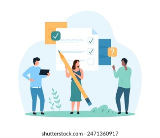 Questionnaire list, filling out test form, answers on questions. Tiny people write ticks on note checklist with pencil, research summary paper document on clipboard cartoon vector illustration