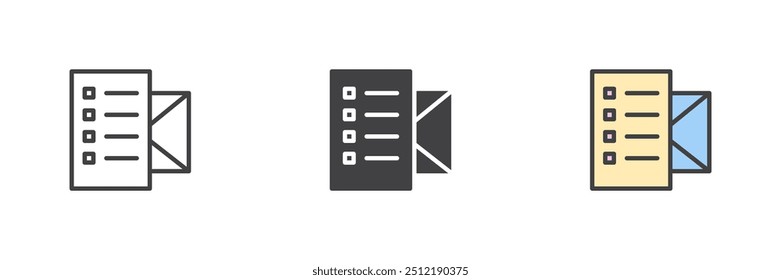Questionnaire mail different style icon set. Line, glyph and filled outline colorful version, outline and filled vector sign. Envelope with check list symbol, logo illustration. Vector graphics