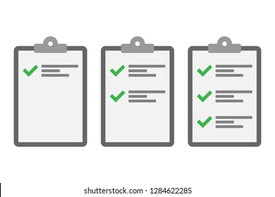 Questionnaire, opinion survey or check list. Three stages of the Project plan implementation. Task management list. Vector infographic icons.