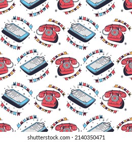 Questionnaire and Phone. Seamless pattern on a white background. Cute vector illustration.