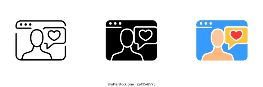 Questionnaire set icon. Website, www, meeting, heart, feeling, love, like button, cursor, finger, Dating app , speech bubble, couple. Vector icon in line, black and colorful style on white background