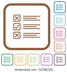 Questionnaire simple icons in color rounded square frames on white background
