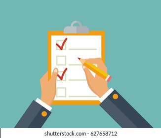 Questionnaire, survey, clipboard, task list. Filling out forms, planning. Attendance. Businessman holding checklist and pencil. Vector, flat design. 