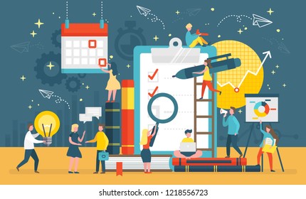 Questionnaire survey for people to give answer vector. Workers with magnifying glass, pen and bulb, creating list of questions. Gears and calendar