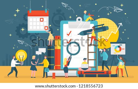 Questionnaire survey for people to give answer vector. Workers with magnifying glass, pen and bulb, creating list of questions. Gears and calendar