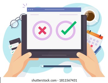 Questionnaire survey poll vote digital quiz online tablet computer pc vector, concept of person choosing yes no answer, making decision, right and wrong, checkboxes on screen in hands flat