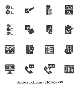 Fragebogen und Umfrage Vektorsymbole Set, moderne solide Symbolsammlung, gefülltes Piktogramm-Paket im Stil. Zeichen, Logo-Illustration. Set include-Symbole wie Kundenüberprüfung, Feedback, Kommentar, Meinung