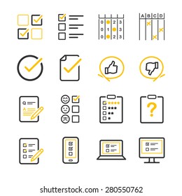 Questionnaire and Survey vector illustration icon set. Included the icons as list, feedback, comment, customer reviews, internet, opinion and more.