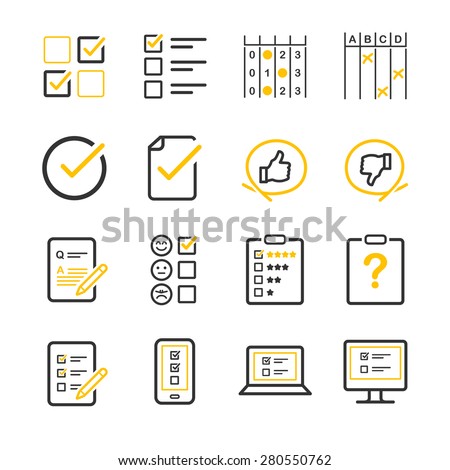 Questionnaire and Survey vector illustration icon set. Included the icons as list, feedback, comment, customer reviews, internet, opinion and more.