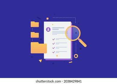 Questionnaire-resume, file folders, magnifying glass on a blue background. Job search and selection of vacancies on the Internet. Online job application, vector illustration.