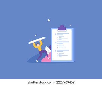 questionnaires or surveys. a respondent wants to fill or answer a question on the paper form on the clipboard. collect the informations. inquiry and response. illustration concept design. graphic 