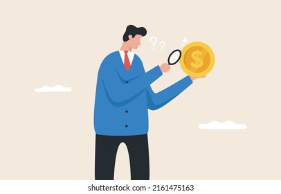 Questions about investment finance. Capital management options. Management of funds or assets. Risk management. Profit, Liabilities, Stock Market. Young man using a magnifying glass to look at dollar.