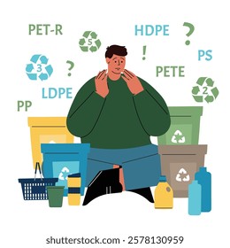 Questions about the types of plastic and their meaning. Sorting plastic. Zero waste vector concept, template, design for banner, card, poster Sustainable lifestyle