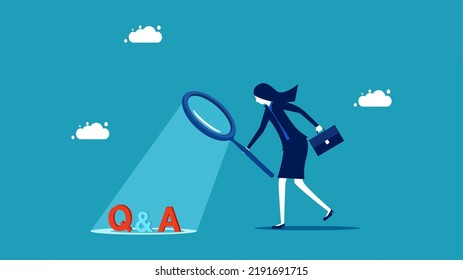 Questions and answers. Businesswoman analyzes Q and A symbols. business Vector