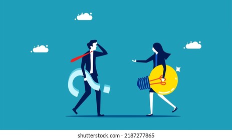 Questions and answers. businesswoman holding a question mark with a light bulb