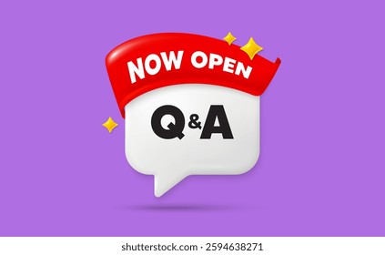 Questions answers chat speech bubble. Now open flag ribbon. Questions and answers icon. Answer question sign. Faq symbol. 3d sparkle stars speech bubble. Vector