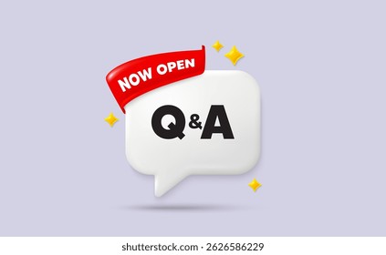 Questions answers chat speech bubble. Now open flag ribbon. Questions and answers icon. Answer question sign. Faq symbol. 3d sparkle stars speech bubble. Vector