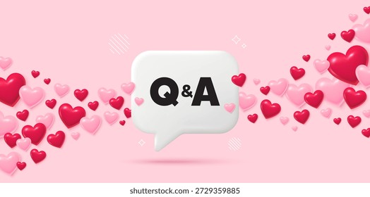 As perguntas respondem à bolha de discurso do chat. Fundo rosa 3D Hearts. Ícone de perguntas e respostas. Sinal de pergunta de resposta. Símbolo Faq. Cartão comemorativo do dia dos namorados. Corações voadores. Vetor