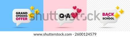 Questions answers chat speech bubble. 3d stars, sparkles, hearts chat bubbles. Questions and answers icon. Answer question sign. Faq symbol. Final sale, Back to school tag. Vector