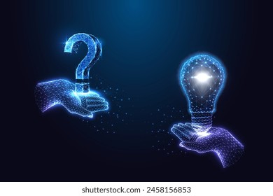 Questions and answers concept, creativity, innovation, futuristic thinking, hands hold symbols of questions and ideas on dark blue backdrop. Glowing low polygonal style. Abstract vector illustration