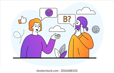 Questions and answers concept. Man asks for information, woman says solution to problem. Characters communicate with each other. Cartoon doodle flat vector illustration isolated on white background