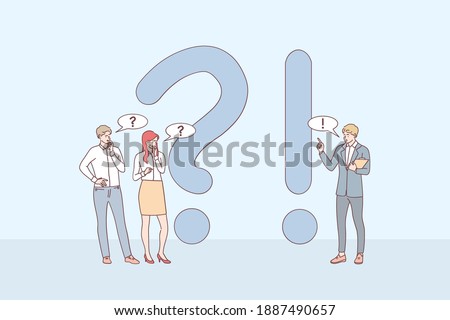 Questions and answers concept. Young business people cartoon characters standing near exclamations and question marks, asking questions and receiving answers online vector illustration 