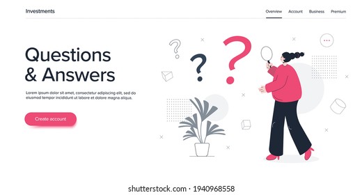 Questions and answers concept with young woman searching through magnifying glass. Q and A metaphor in flat vector illustration. Web banner layout template.