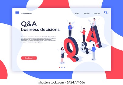 Questions and answers. Find decision, problem solving and Q_A business decisions landing page. Question quiz, debate ask answers info or answering faq help isometric vector illustration