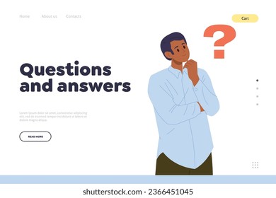 Questions and answers landing page design template with doubt businessman searching solution