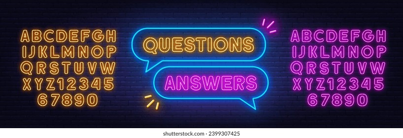 Questions Answers neon sign in the speech bubble on brick wall background.