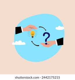 Questions and answers, problem solving or business solutions, asking for replies or ideas to solve difficulties and problems, businessman s hand holding a question mark with another reply