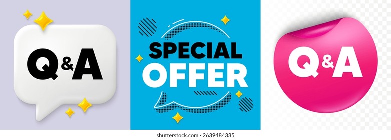 Questions answers speech bubble. 3d sparkles chat, Paper sticker. Questions and answers icon. Answer question sign. Faq symbol. Special offer bubble. Halftone dots pattern. Vector
