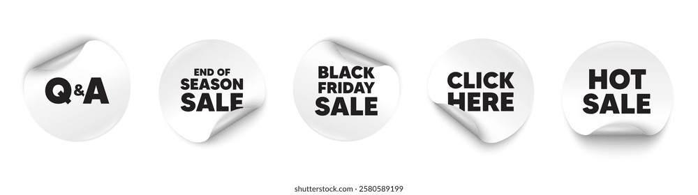 Questions answers sticker tag. Season sale, Black friday paper price banners. Questions and answers icon. Answer question sign. Faq symbol. Click here sticker. Vector