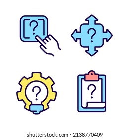 Questions and answers in technical support RGB color icons set. Access to digital data storage. Isolated vector illustrations. Simple filled line drawings collection. Editable stroke